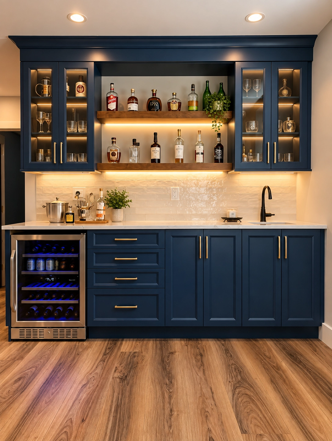 Navy blue wet bar with glass cabinets and gold lighting by Bella Kitchen Cabinetry