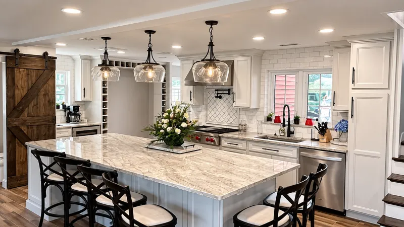 White kitchen with barn door pantry