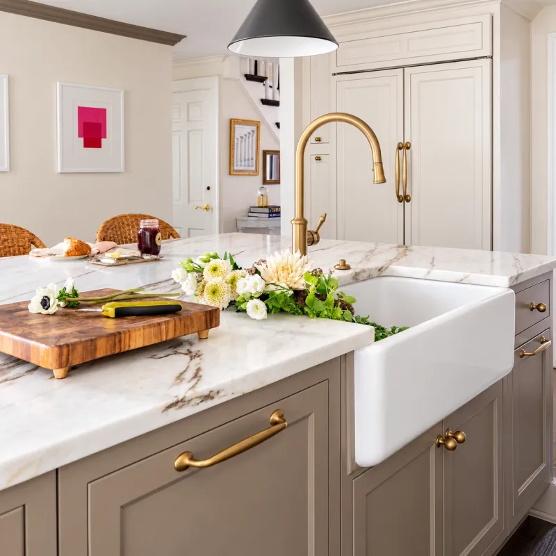 Gray cabinets with farmhouse sink