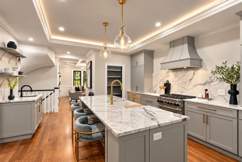 Gray kitchen with marble island